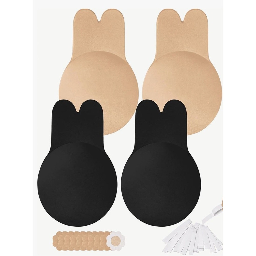 2 Pairs Adhesive Lift Bra Set with Nipple Covers and Fashion Tape Black Beige M